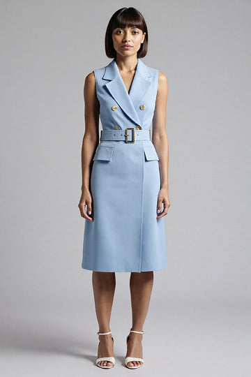 Sky Blue Bodycon Notched Lapel Midi Work Dress with Belt